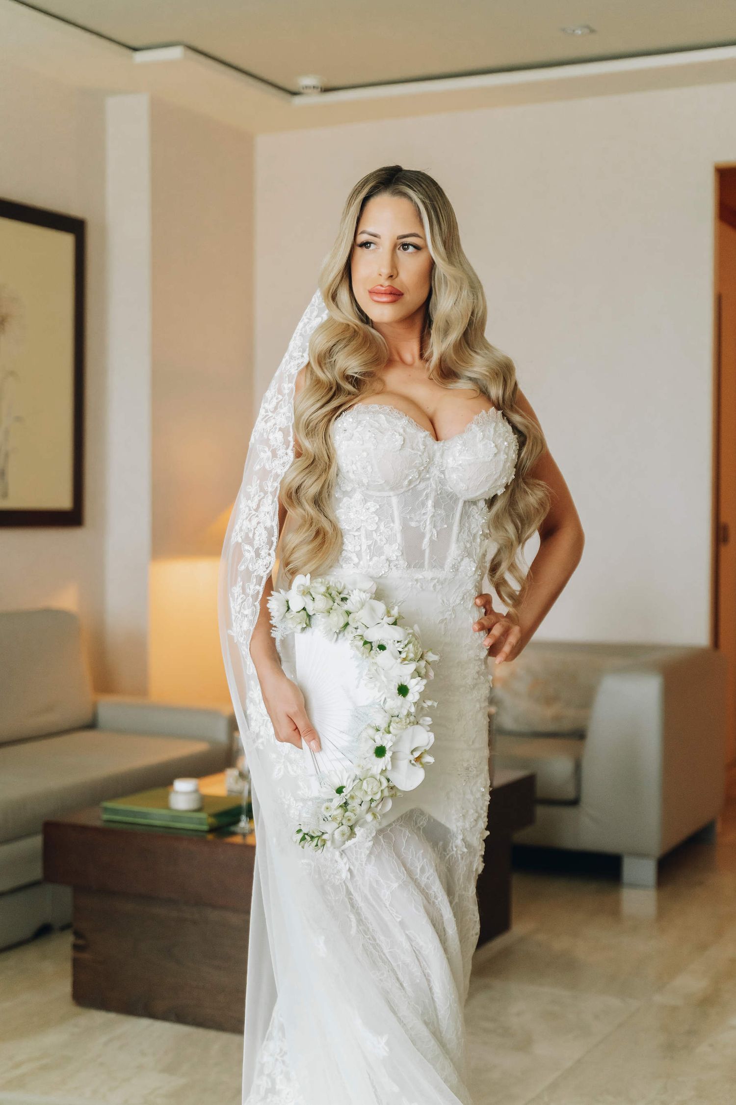 Intricate details of a bridal hairstyle during the morning preparation at Las Arenas Hotel, showing professional execution