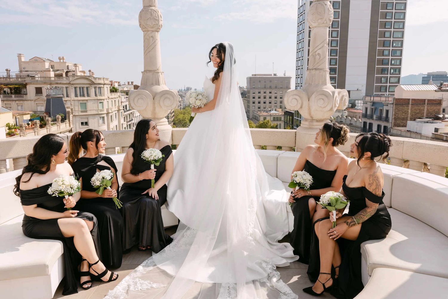 Professional makeup and hair styling for the bride and her bridesmaids in Barcelona. Premium bridal beauty services for wedding groups