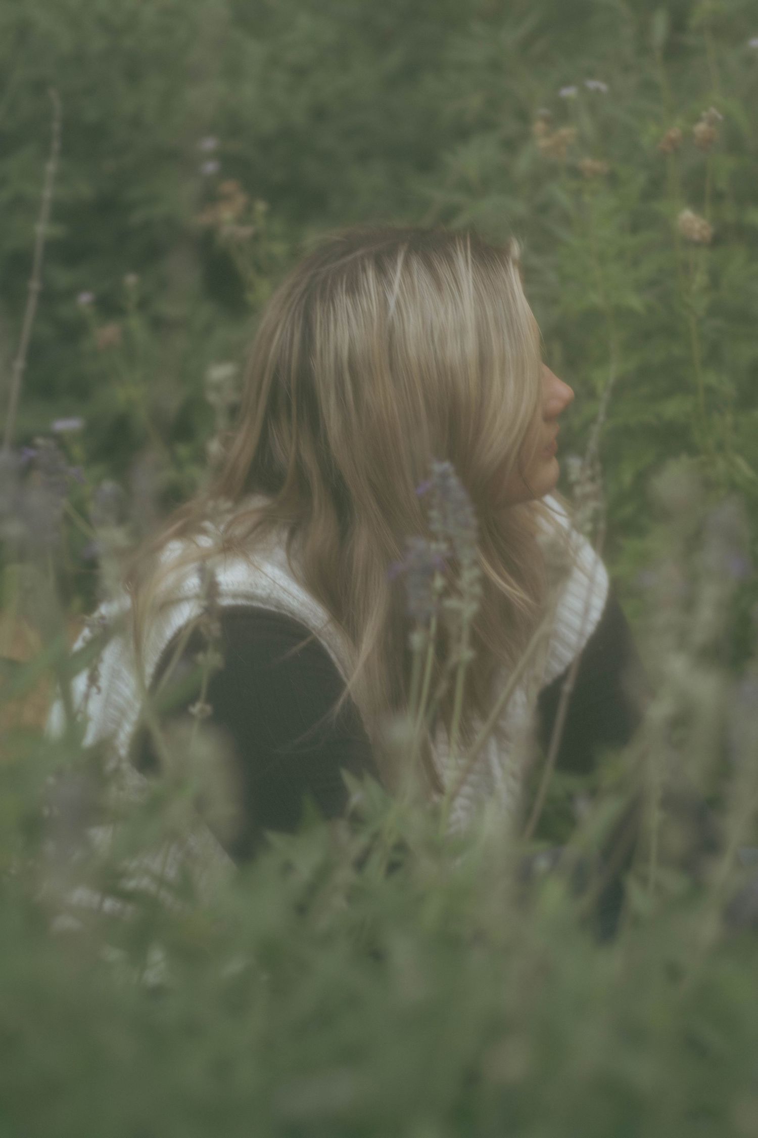 Artistic portrait through tall grass with soft natural lighting.
