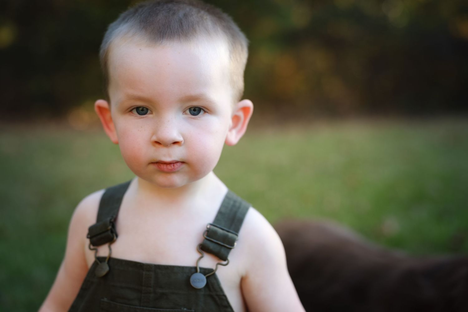 Young child in overalls poses outdoors during summer photoshoot.