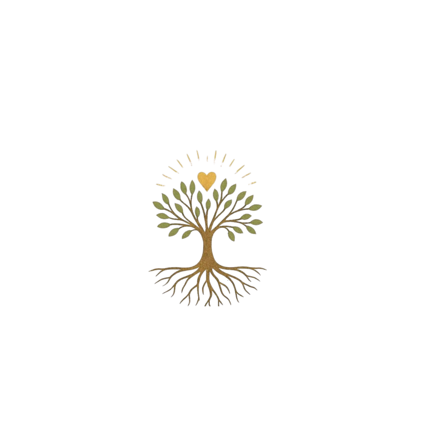 Minimalist tree and root designs in olive green with heart accent.