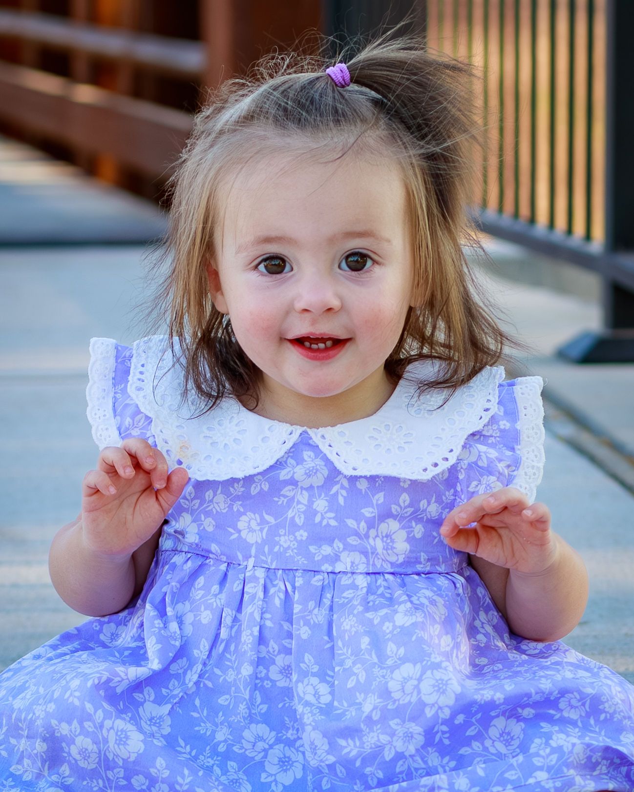 Smiling toddler girl in purple floral dress with white collar sitting outdoors, brown hair with purple hair clip.