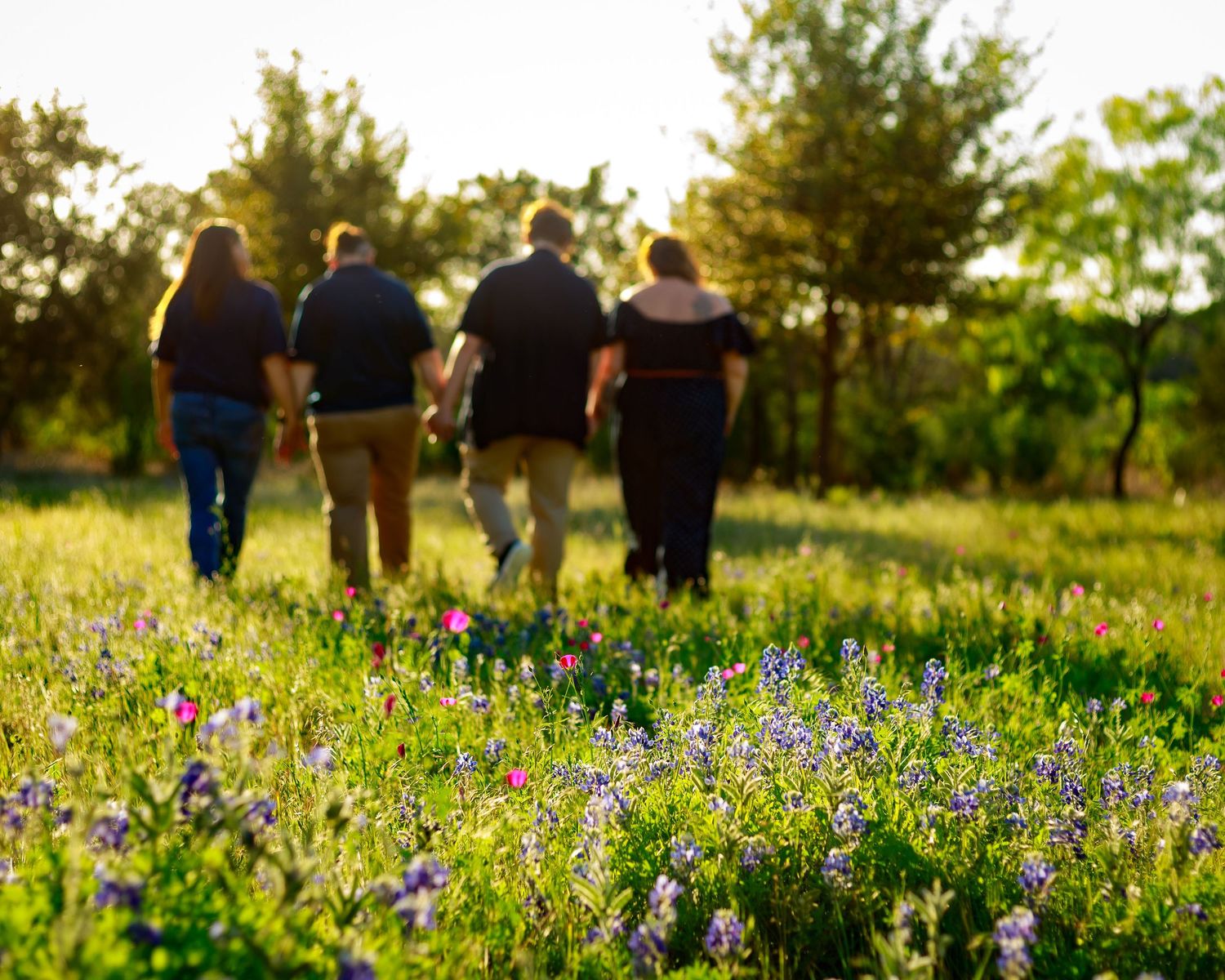 Family walking through a wildflower meadow at golden hour with bluebonnets in foreground.