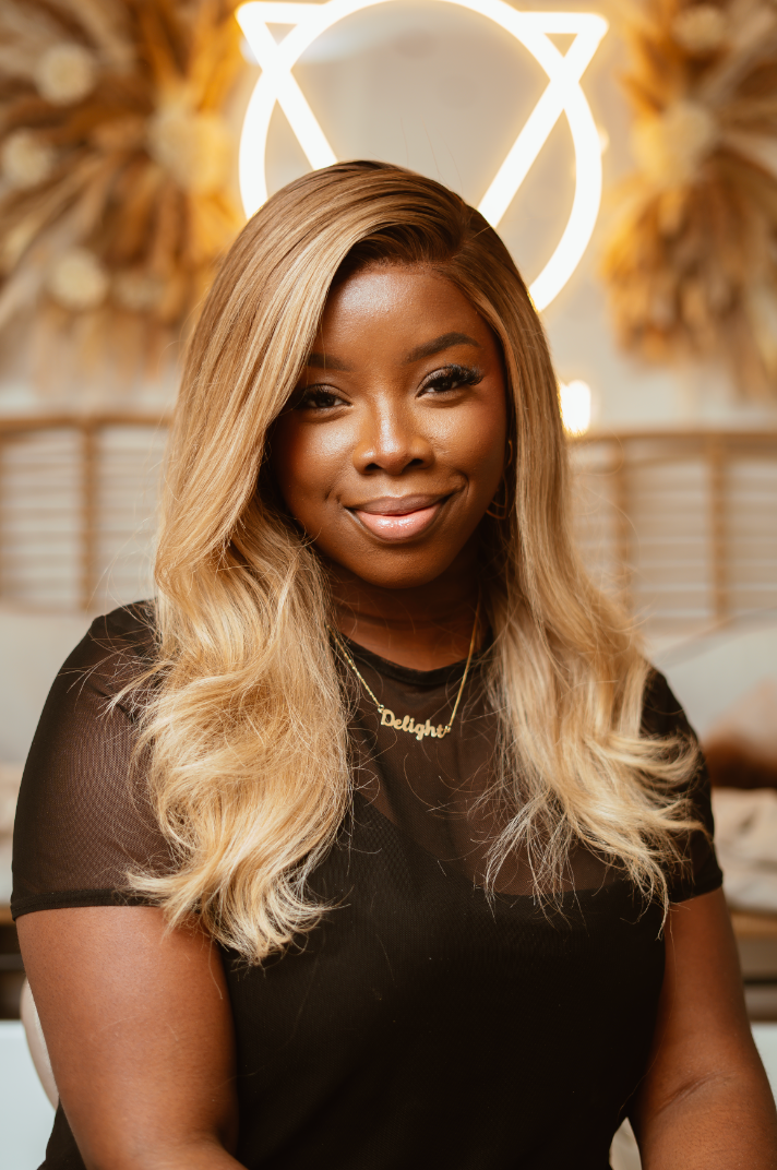 Portrait series showing a person with blonde hair wearing a black top against a warm-toned background.