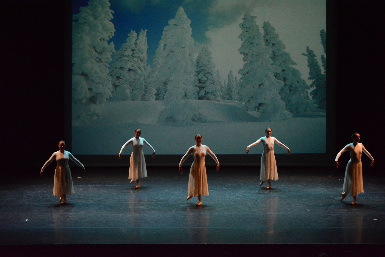 Silhouetted dancers performing on a dimly lit stage with blue backdrop.
