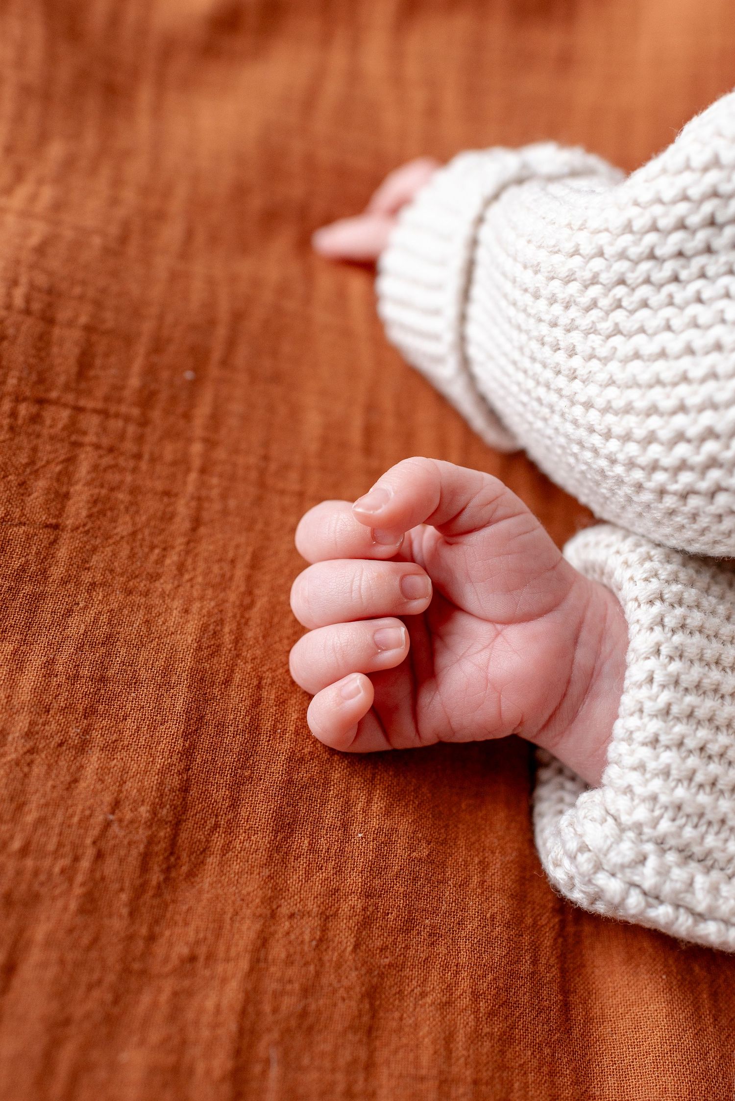 Close-up photos of a tiny baby's hand against a warm brown fabric background.