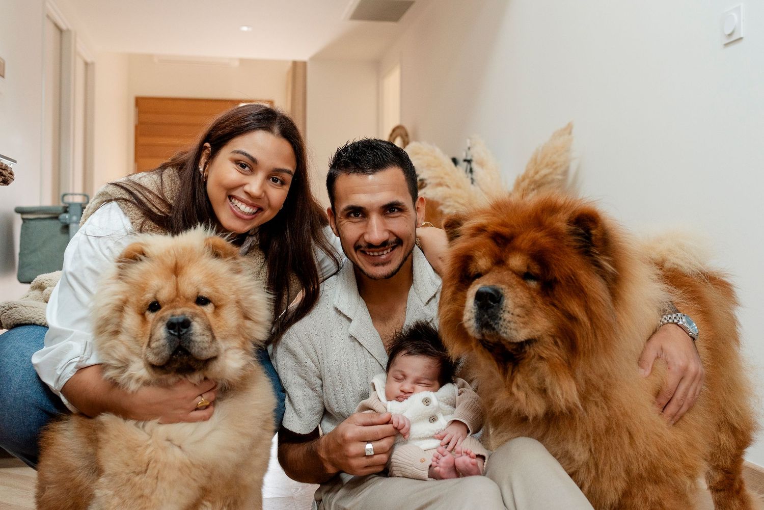 A family poses with their fluffy Chow Chow dogs and newborn baby in a bright room.