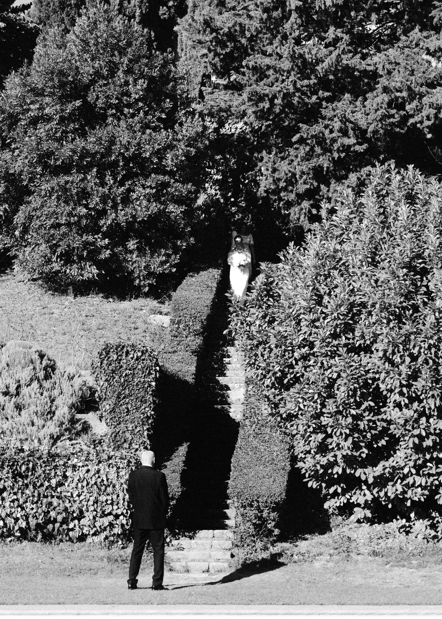 Black and white artistic wedding photo taken in garden setting with dramatic shadows.