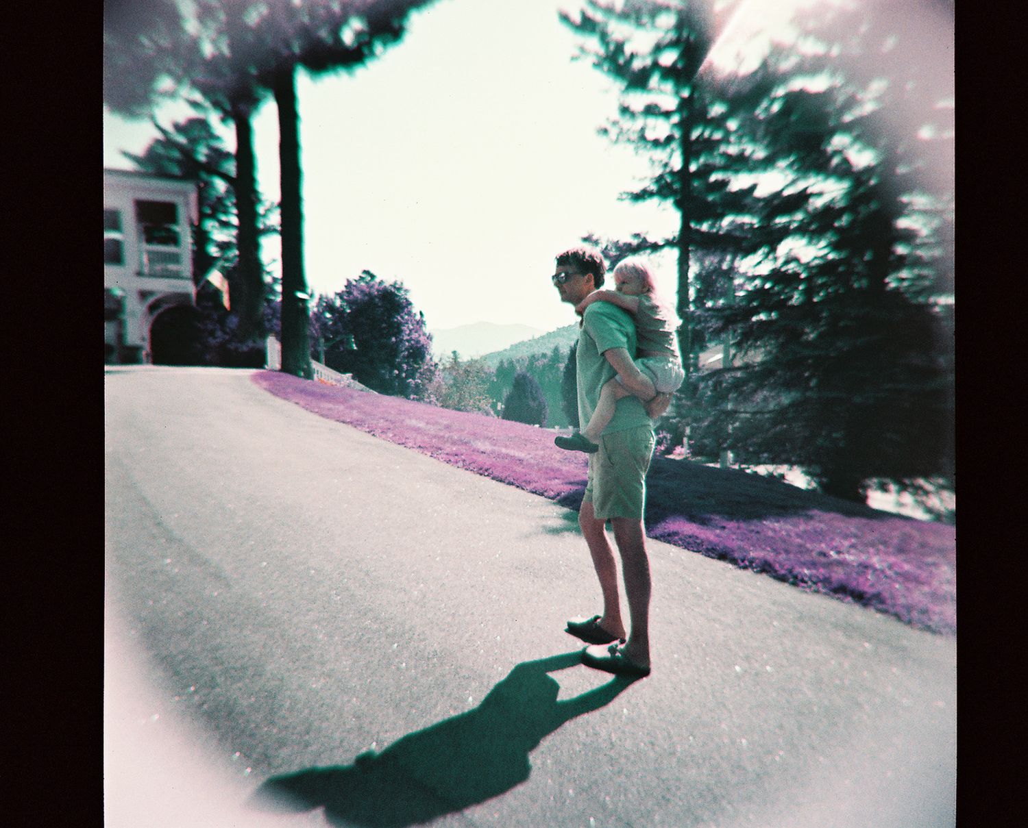 film, purple effects, father carrying son, trees, piggyback, lake placid ny