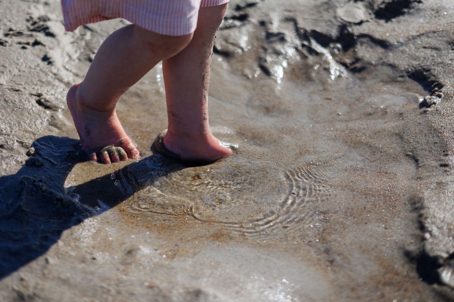 Bare feet make ripples in shallow water on a sandy beach surface in bright sunlight. north shore massachusetts