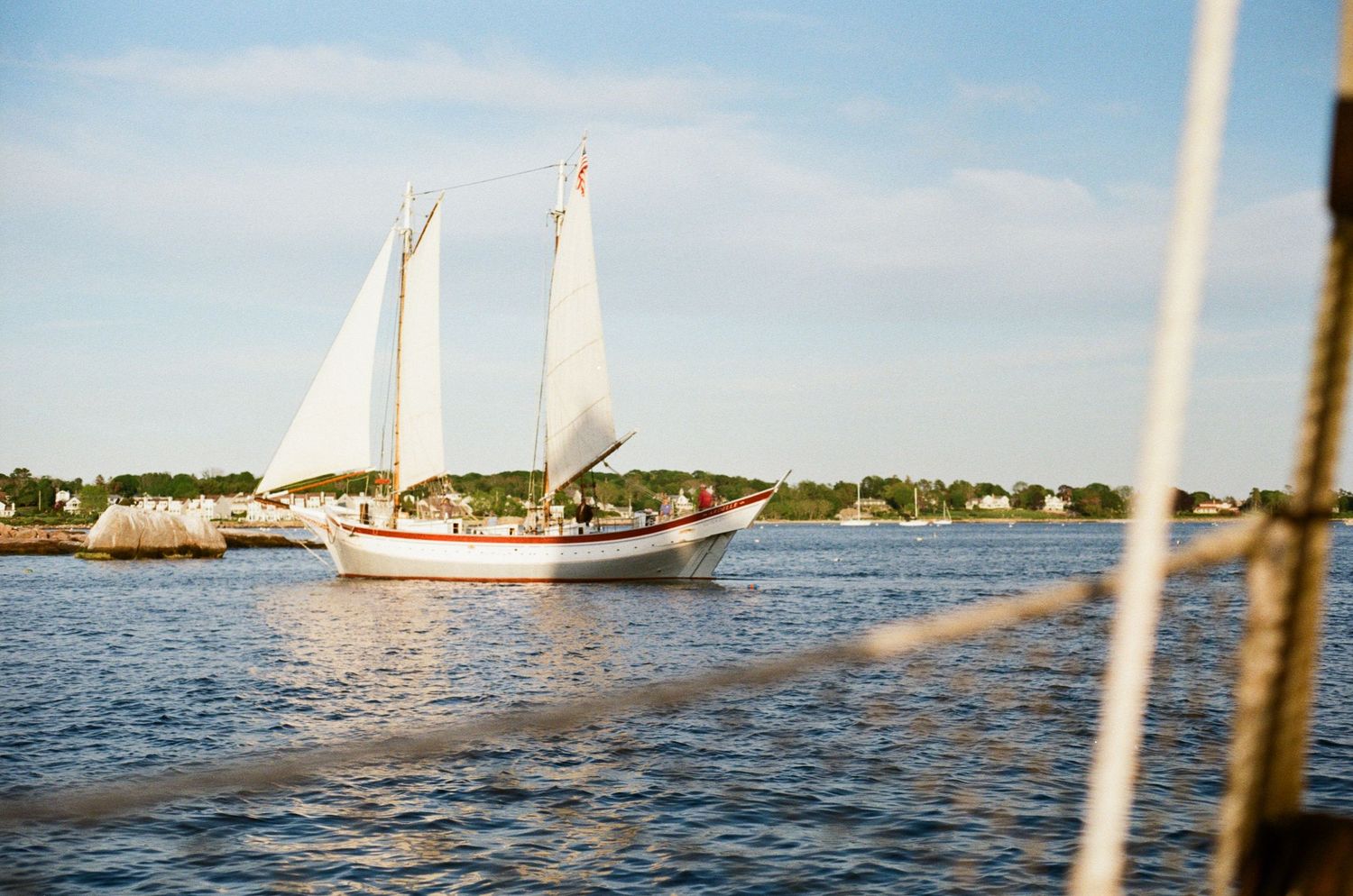 A classic white-sailed schooner glides across blue waters near the coastline on a sunny day. gloucester massachusetts