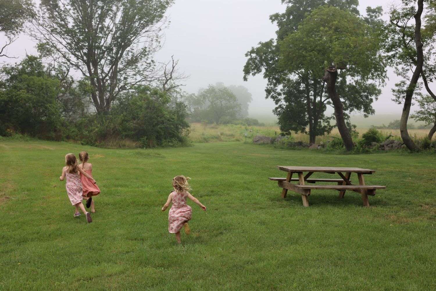 children running, wind, movement, green space, picnic table, foggy horizon, essex massachusetts