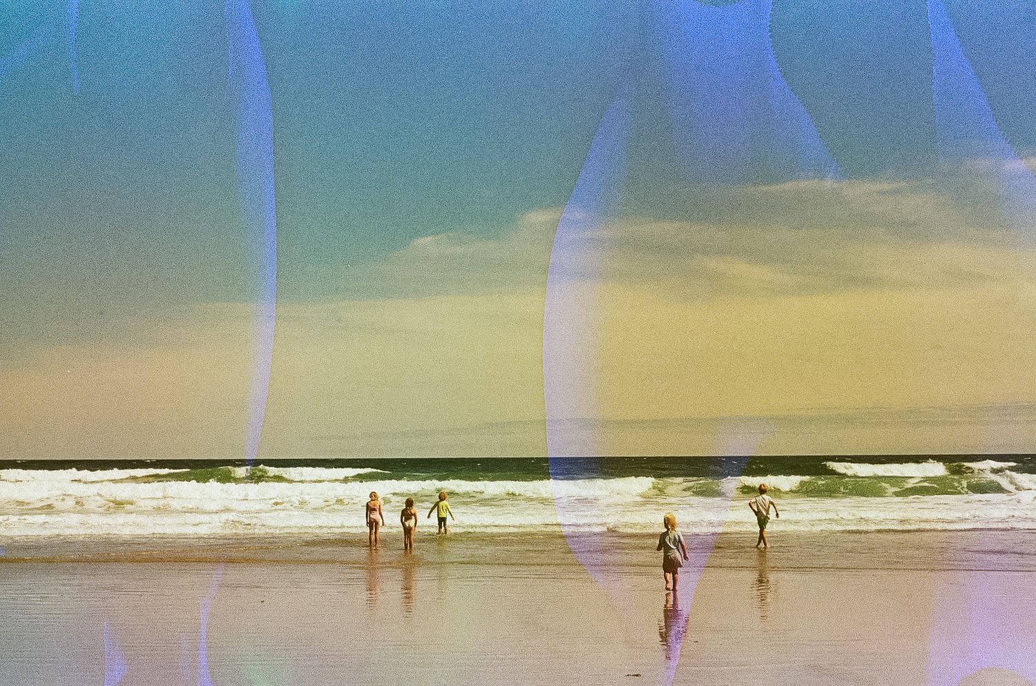 film effects, beach, children in waves, summer day, coastal maine