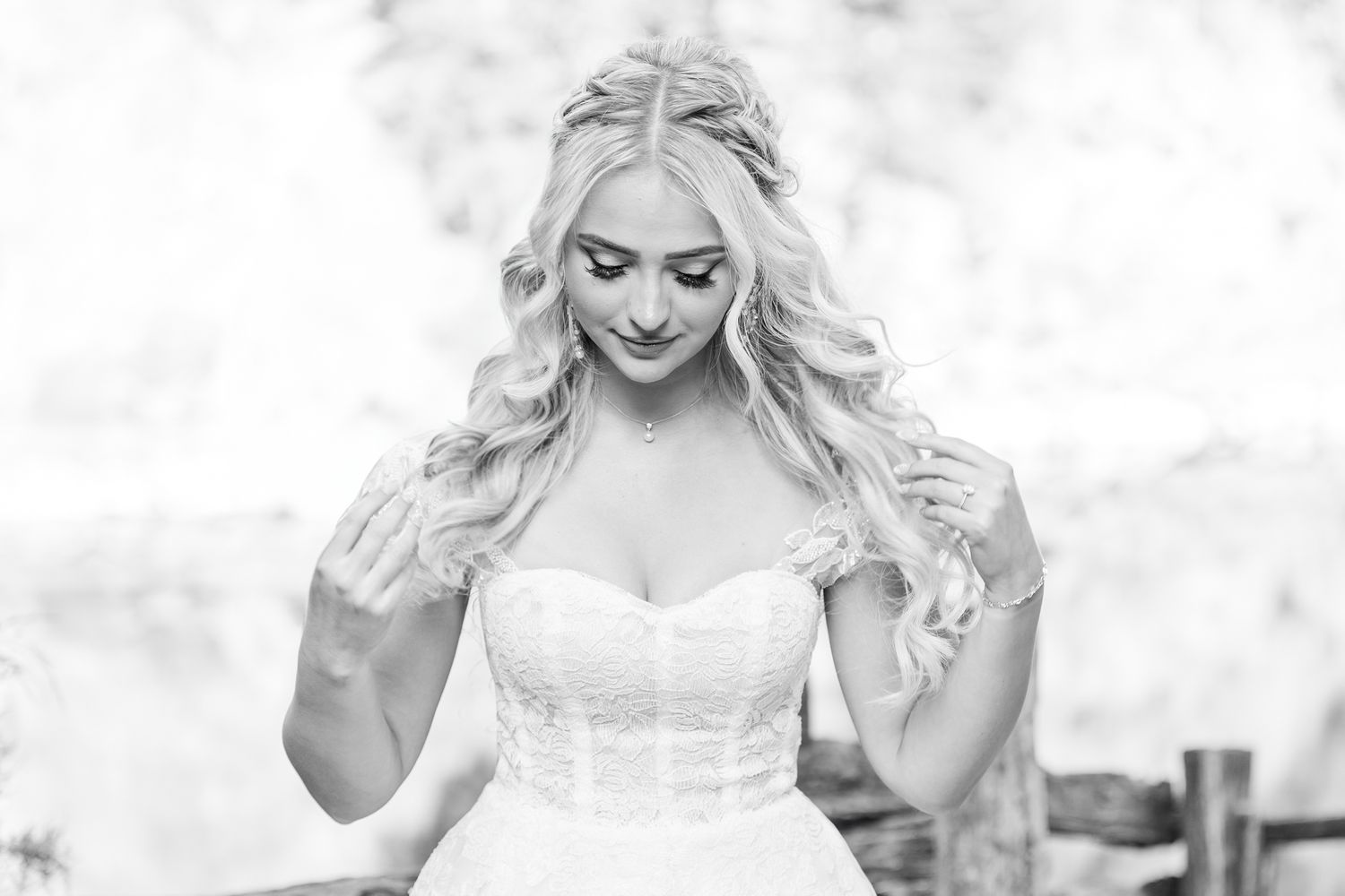 Black and white portrait of person in delicate lace wedding dress  with NC Wedding Photographer