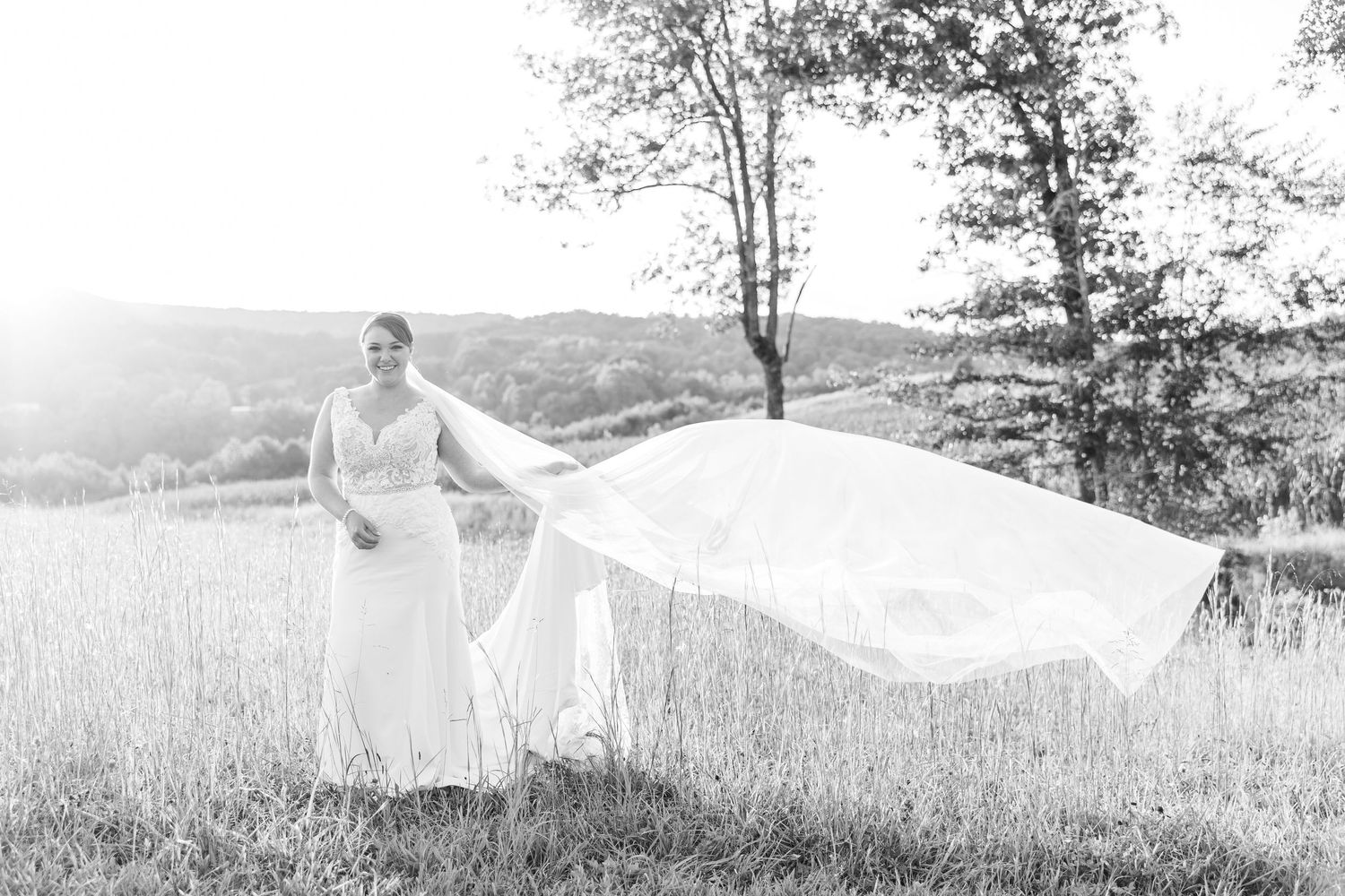 Ethereal bridal portraits in a misty mountain field with flowing veil at Nana Mac Meadows with NC wedding photographer