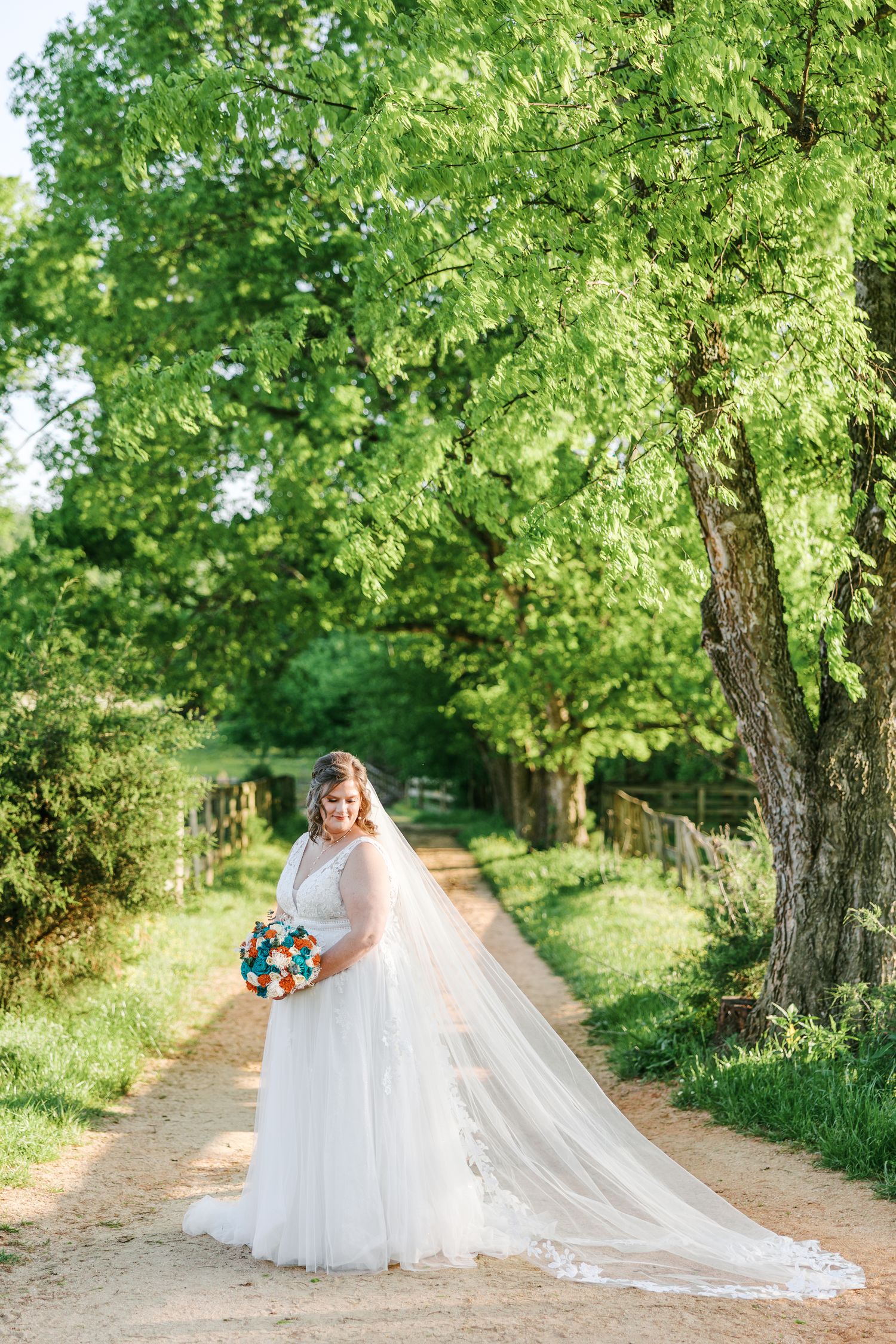 Stunning bridal portraits captured along a tree-lined path with flowing white wedding dress with Winston Salem Wedding Photographer
