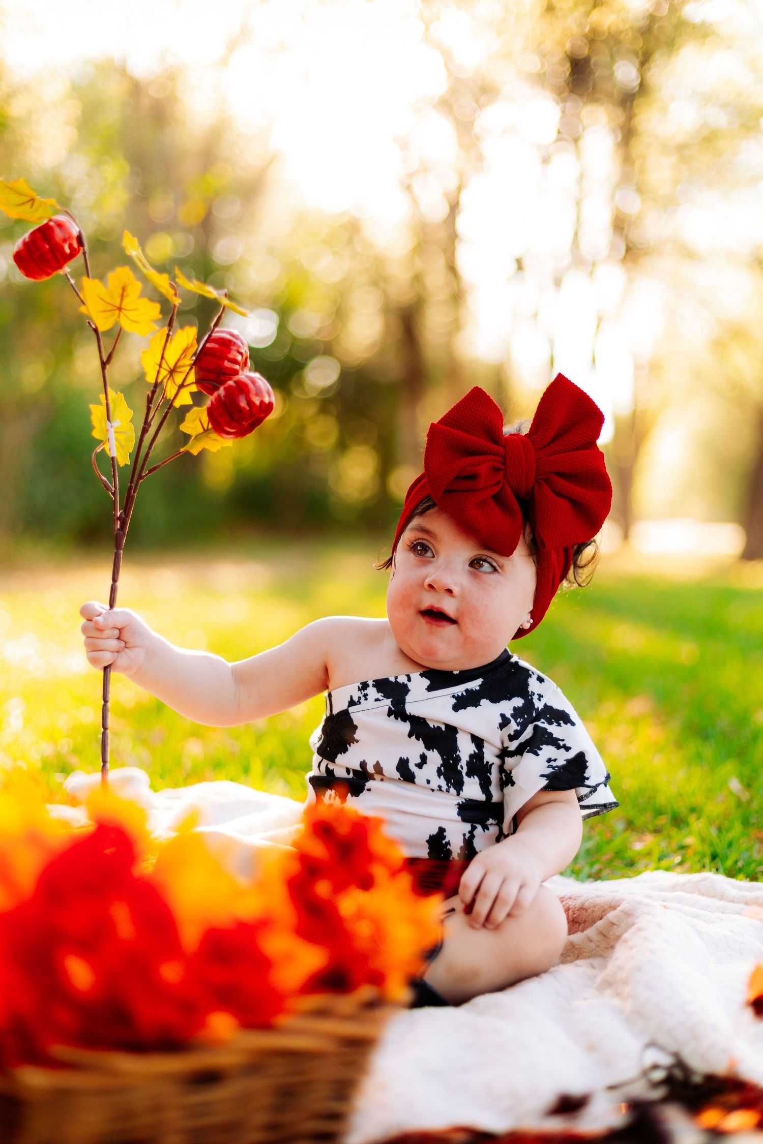 Baby girl in cow print outfit and red bow headband holds autumn branch while sitting outdoors among fall foliage decorations.