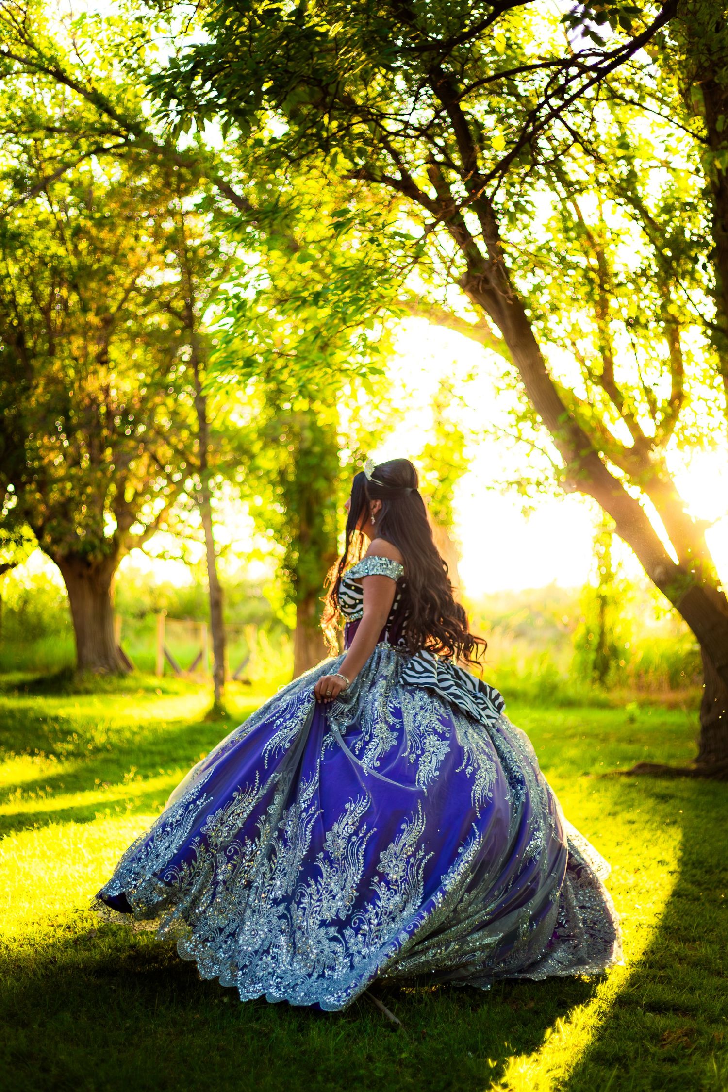 Young woman in royal blue quinceañera ball gown with gold embroidery twirling in a sunlit green park.
