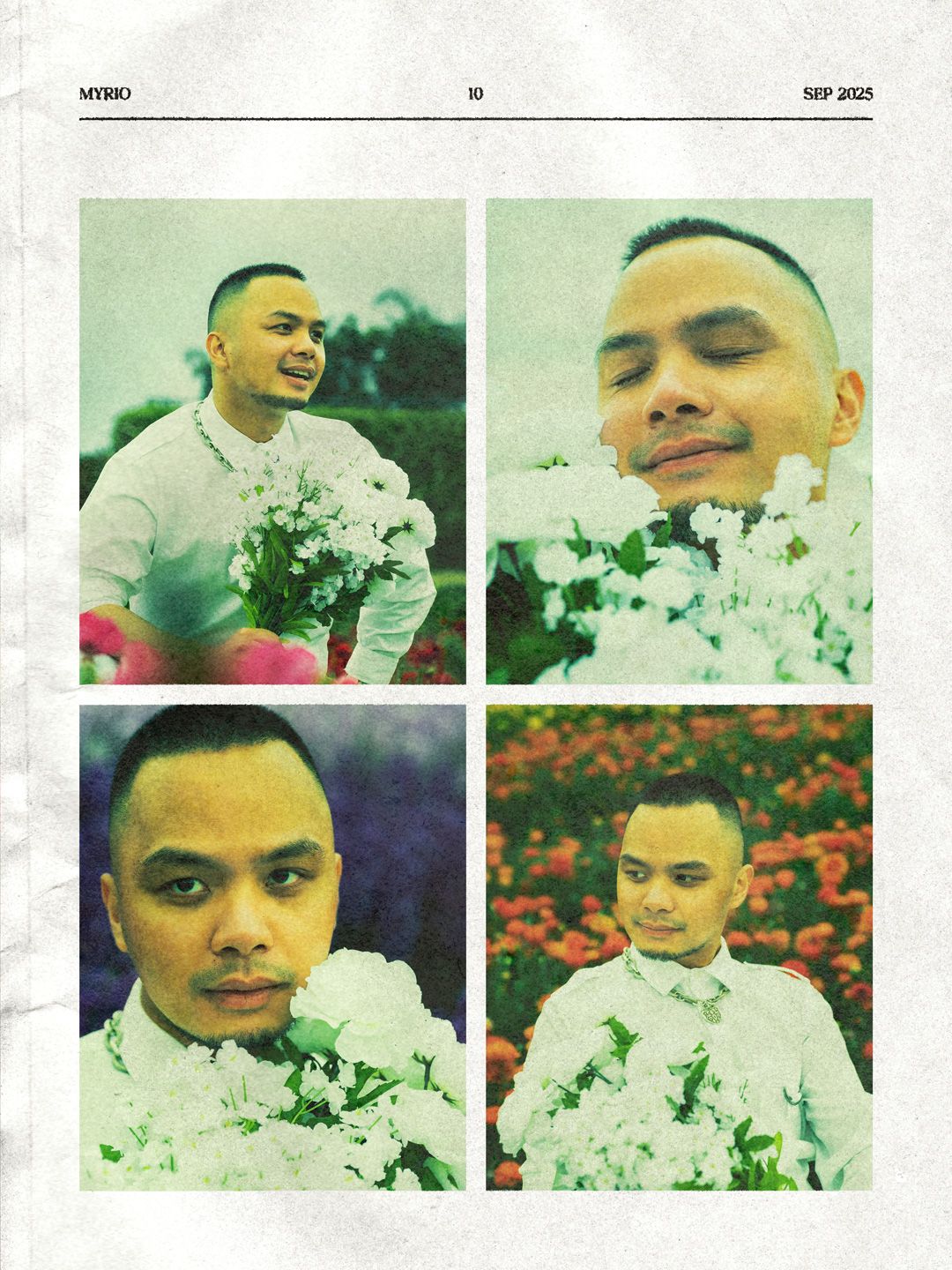 Two portraits and two headshots of Brandon in front of various flower beds at The Flower Fields at Carlsbad.