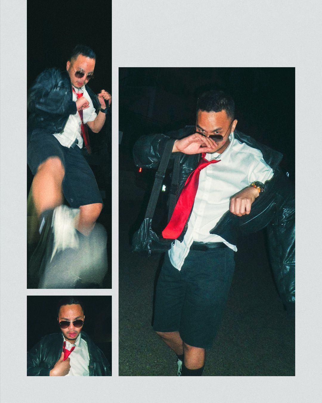 Portraits of Brandon kicking the camera, blocking his face to avoid paparazzi, and gripping his red tie for his headshot.