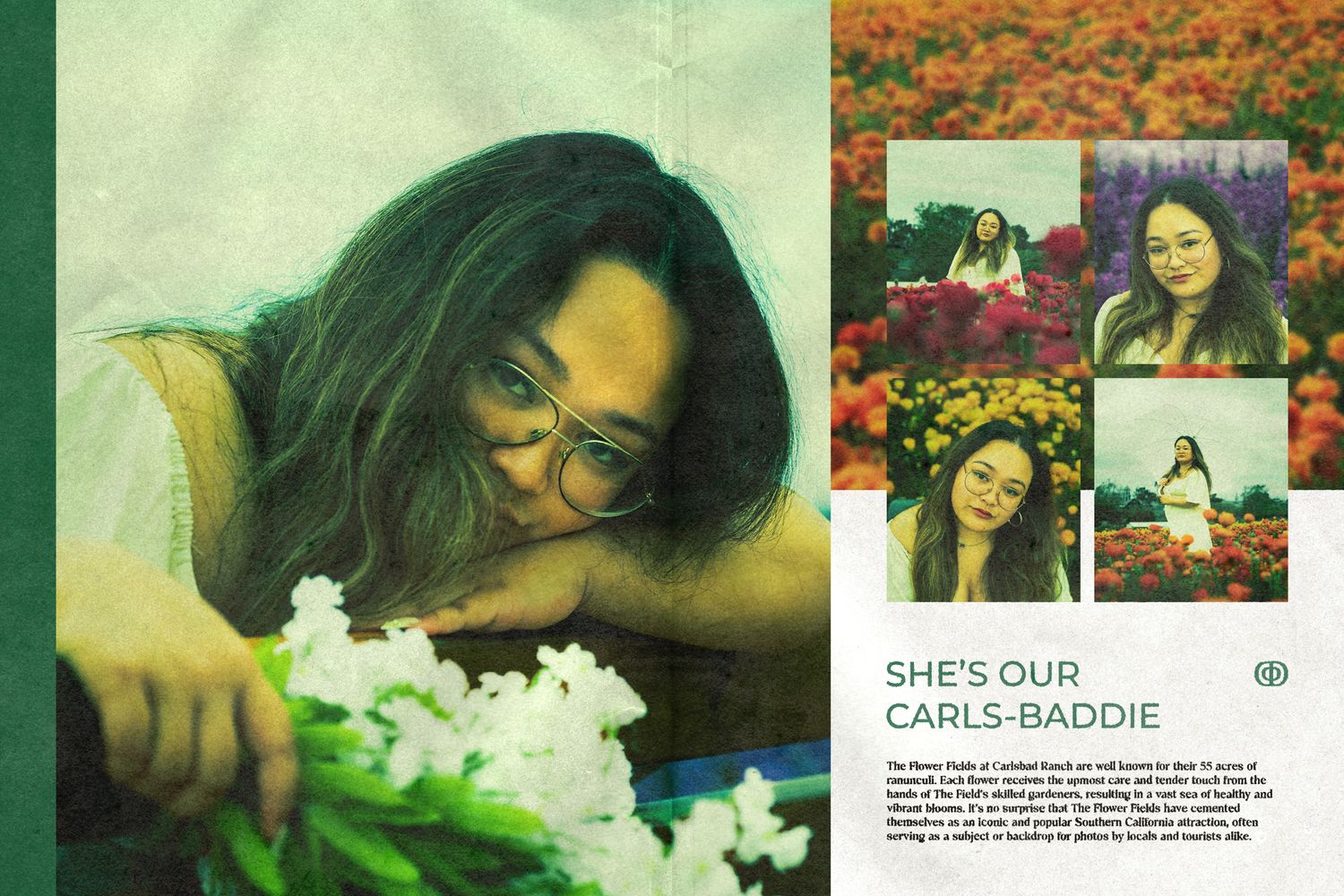 Magazine spread with 3 close-up headshots and 2 portraits of Brandon's friend in front of flower beds at The Flower Fields at Carlsbad.