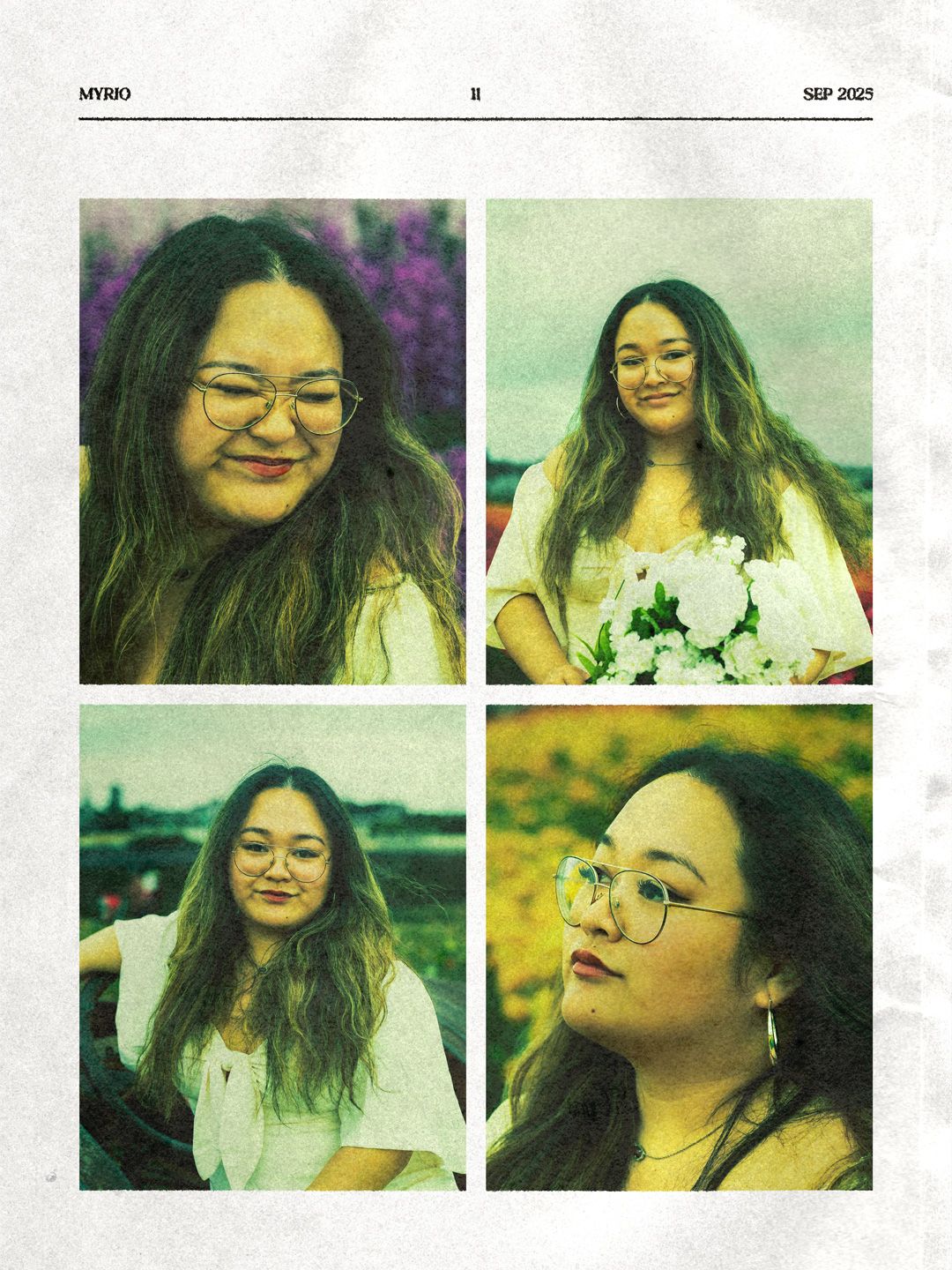 Two portraits and two headshots of Brandon's friend in front of various flower beds at The Flower Fields at Carlsbad.