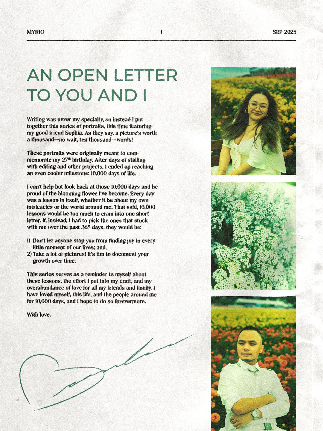 A heartfelt letter from Brandon accompanied by 3 photos of Brandon, his friend, and of white flowers at The Flower Fields at Carlsbad.