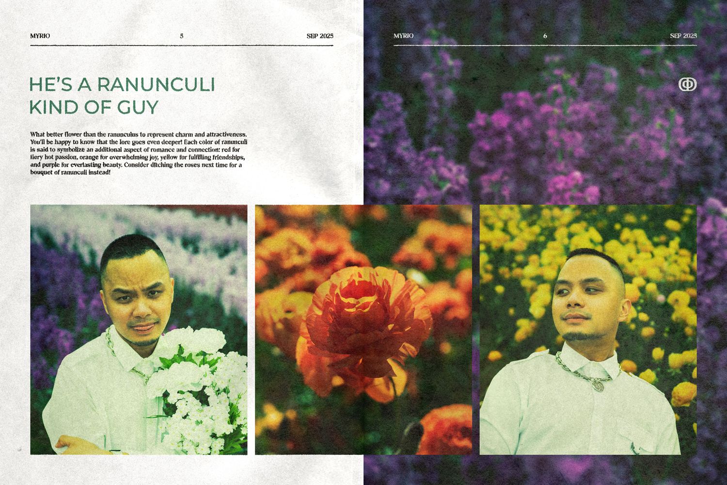 Magazine spread with 2 portraits of Brandon in front of various flower beds and and one of orange flowers at The Flower Fields at Carlsbad.