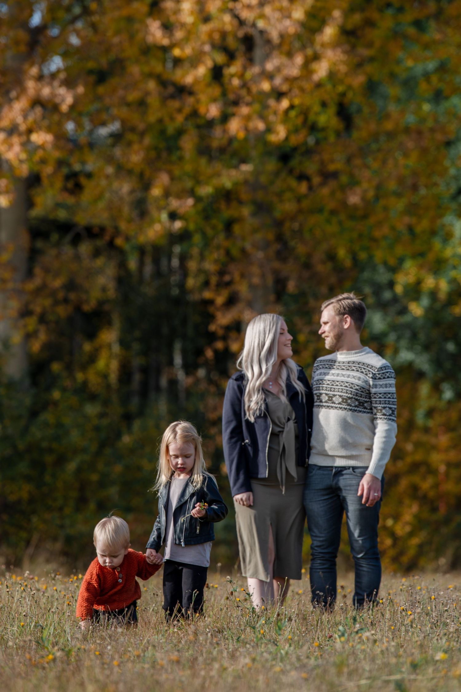 Family enjoying fall day together in field with colorful autumn trees.