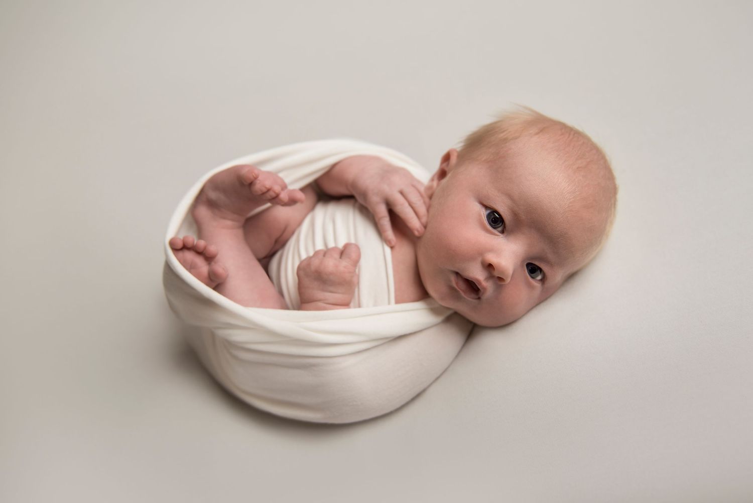 Professional newborn portraits in minimalist white bowl against neutral background.