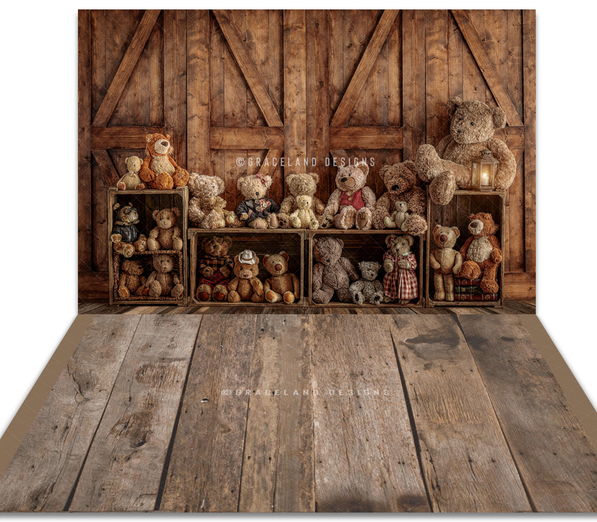 Rustic barn backdrop featuring wooden crates filled with teddy bears on weathered wood floors, perfect for photography sessions.