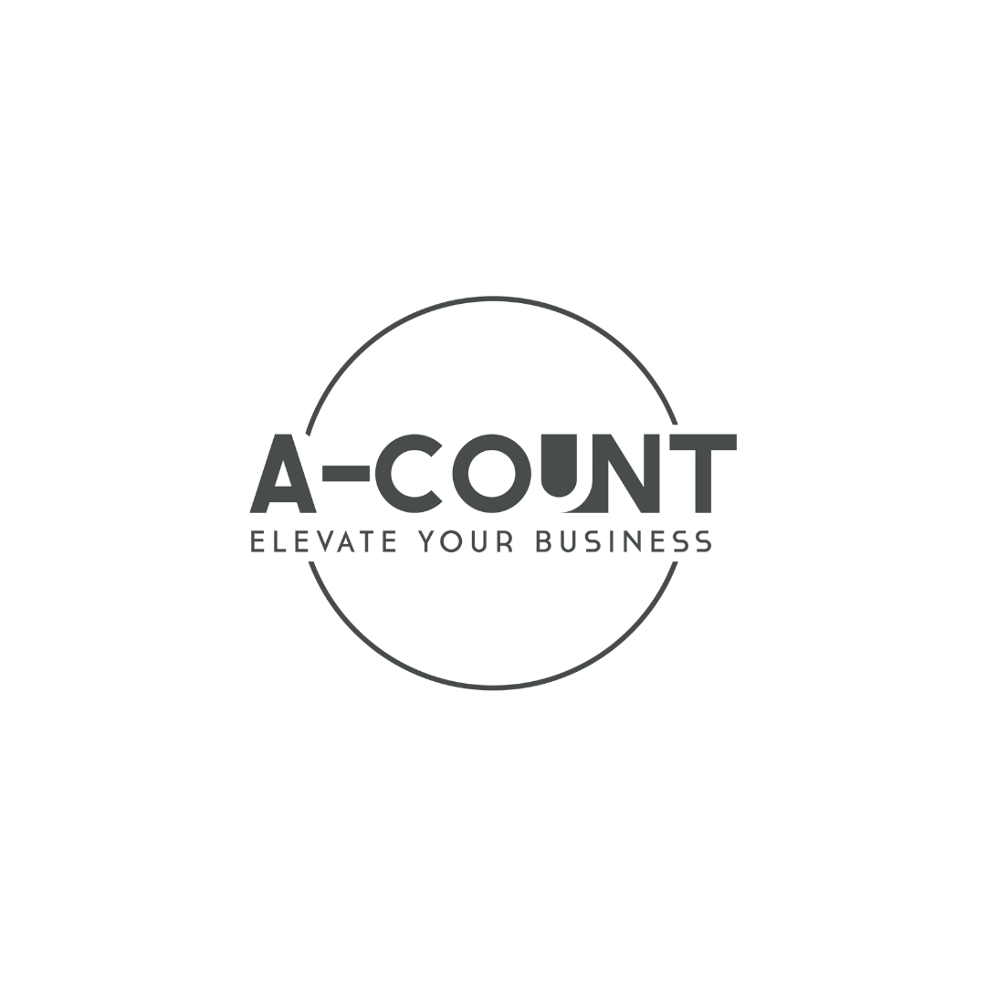 A modern black and white business logo design for A-Count featuring clean typography and a minimalist circular element.