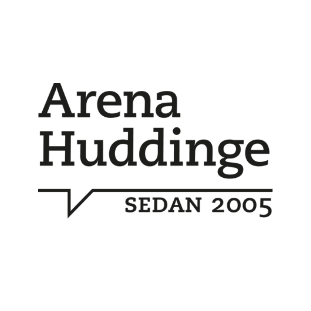 Arena Huddinge logo in black and white text with a speech bubble icon and the tagline Sedan 2005.