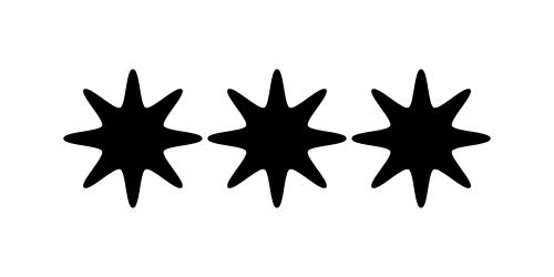 Three black eight-pointed star icons on white background graphic design.