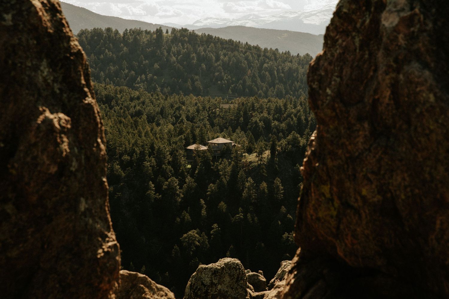 Dense pine forest and mountain landscape viewed through a narrow rocky canyon opening.