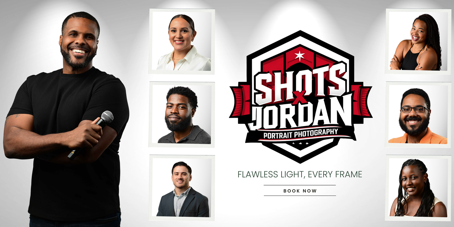 Shots Jordan Portrait Photography studio banner featuring diverse professional headshots with the tagline Flawless Light Every Frame.