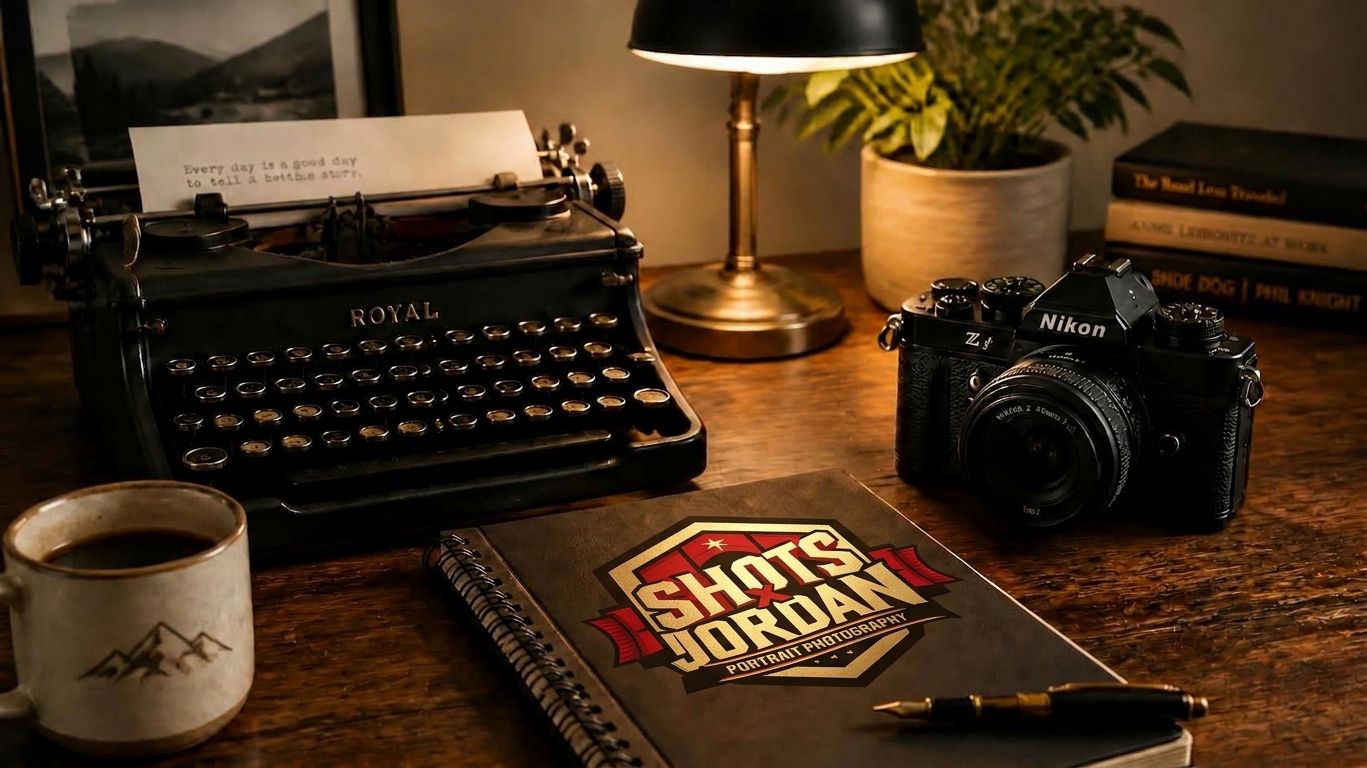 Vintage Royal typewriter beside a Nikon camera, brass lamp, coffee mug, and Shots Jordan notebook on a wooden desk.