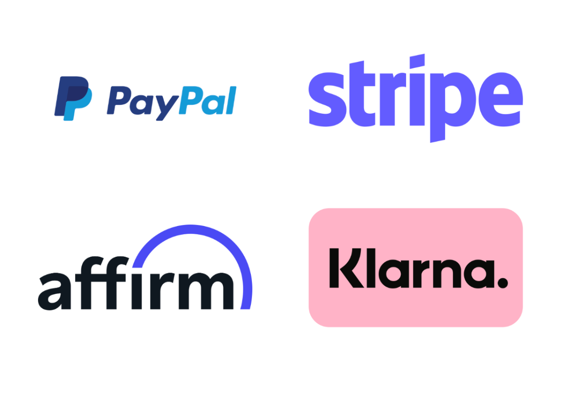 Payment platform logos including PayPal, Stripe, Affirm, and Klarna displayed on a white background.