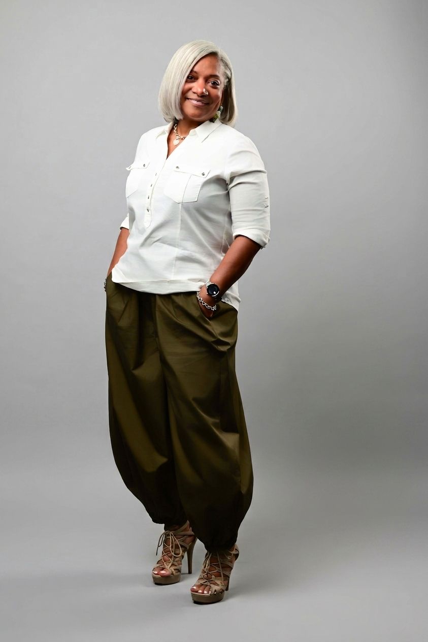 Smiling woman with a silver bob haircut poses in a white button-up shirt, olive harem pants and strappy snakeskin-print heels.