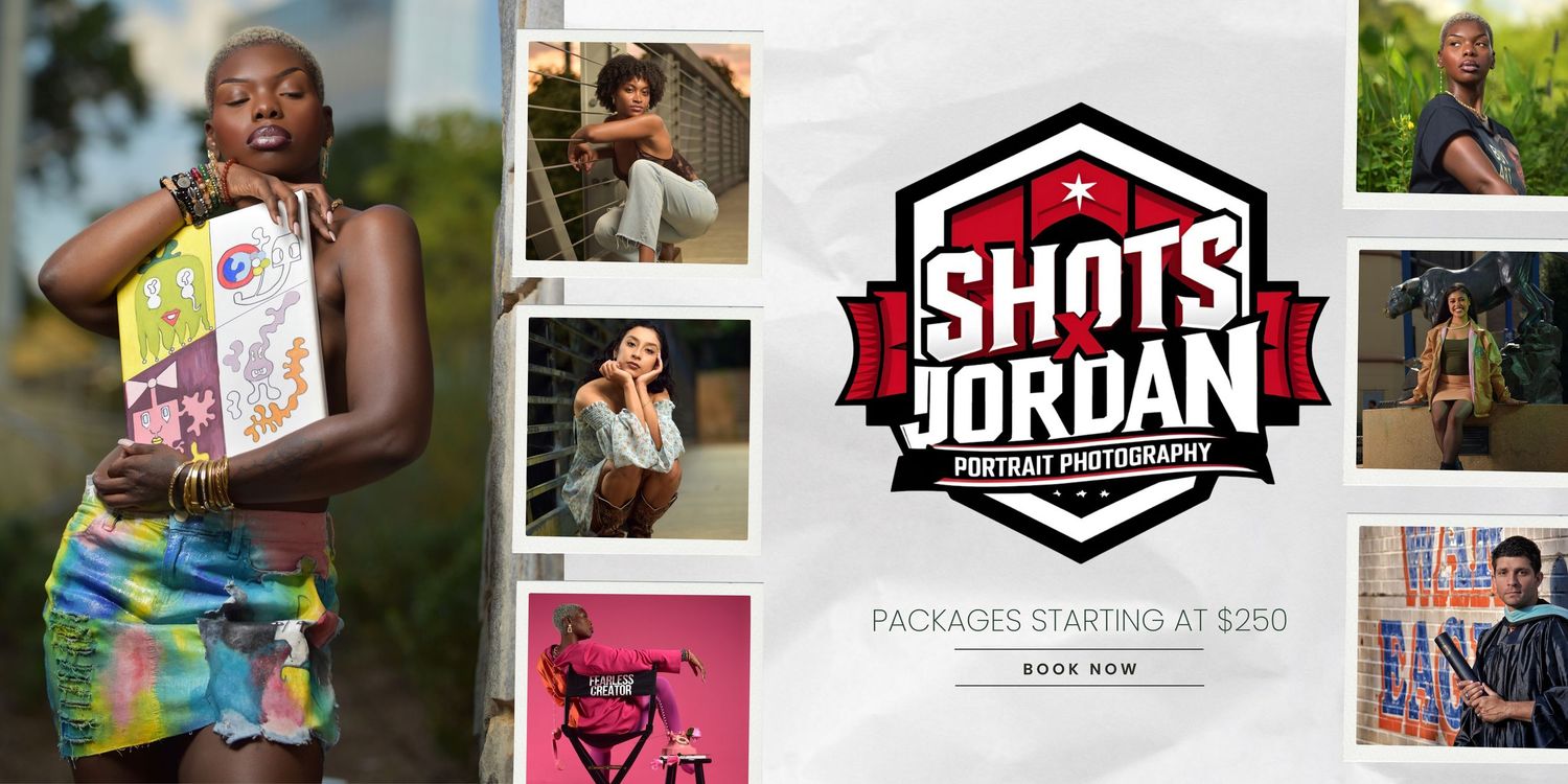 Shots by Jordan portrait photography studio ad featuring diverse professional photos with packages starting at $250.