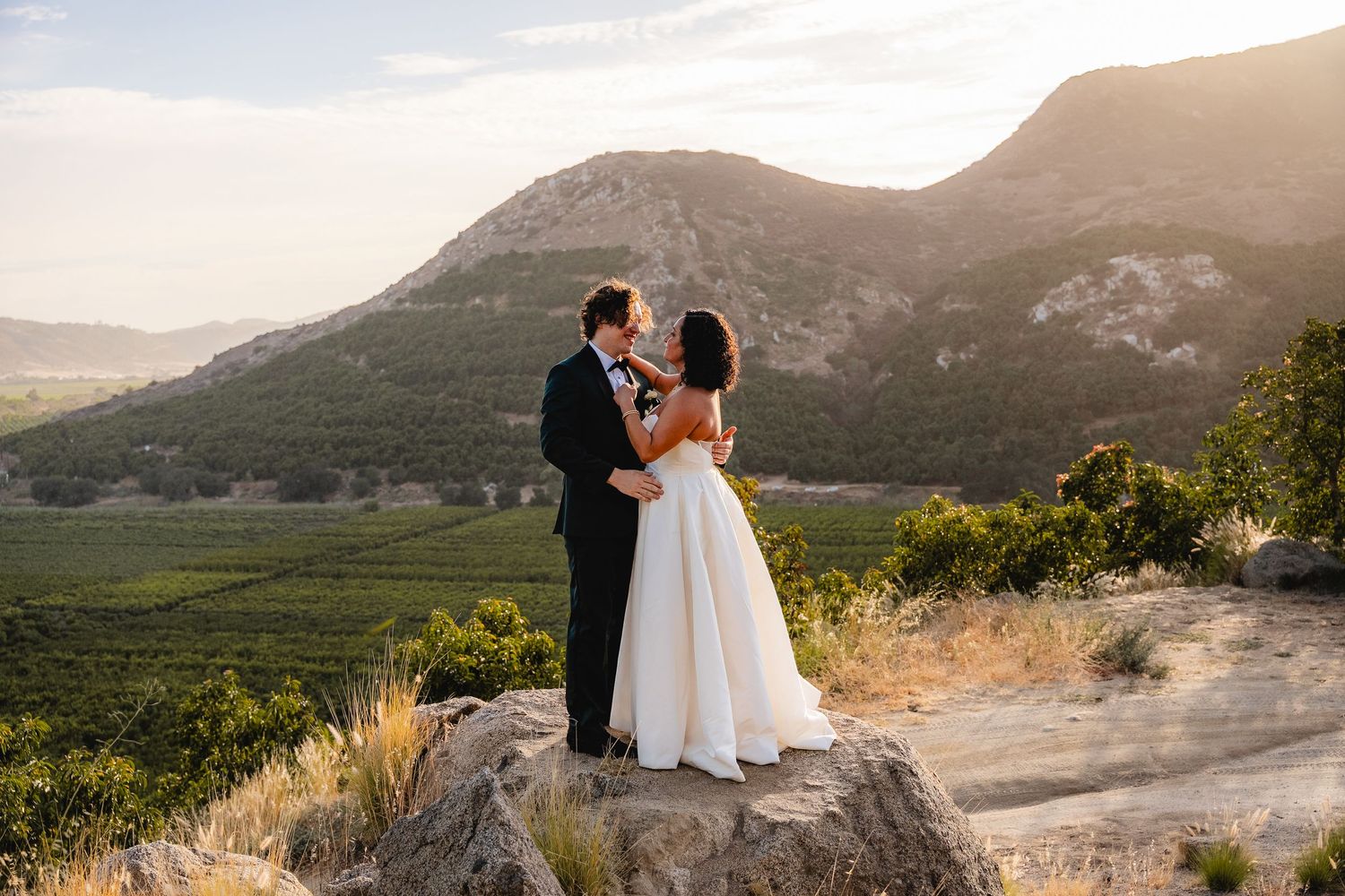 Bride and groom share a romantic moment on a rocky overlook with lush vineyard and mountain backdrop at a Rancho Guejito Vineyard wedding