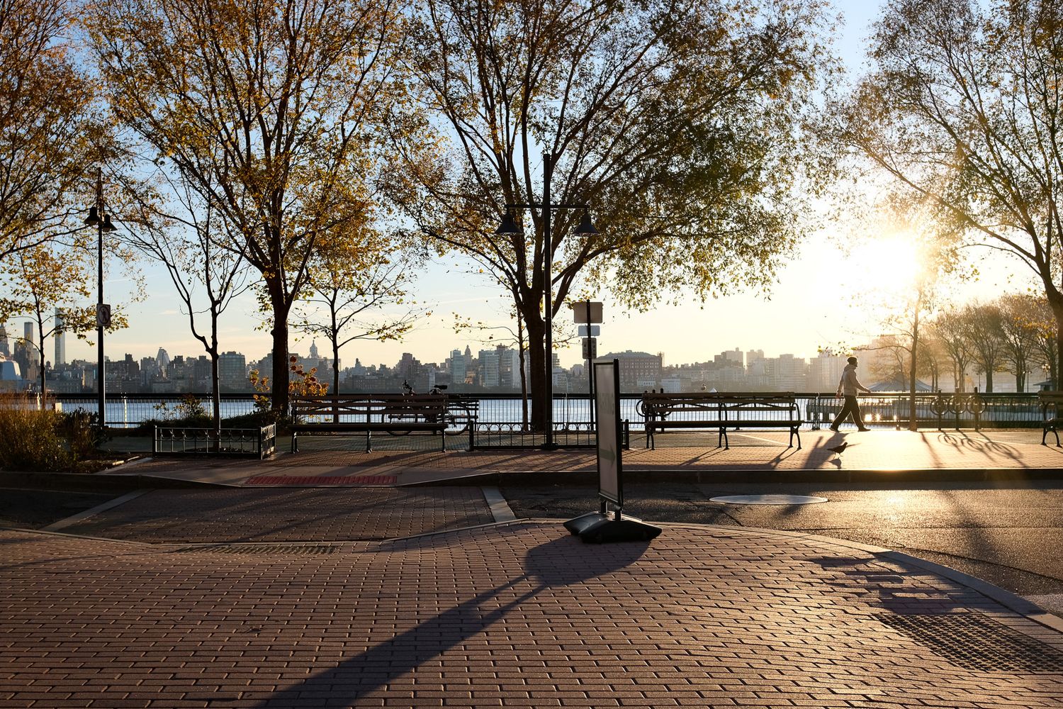 Golden sunset through autumn trees at waterfront park with city skyline silhouette in background from downtown Hoboken, NJ.