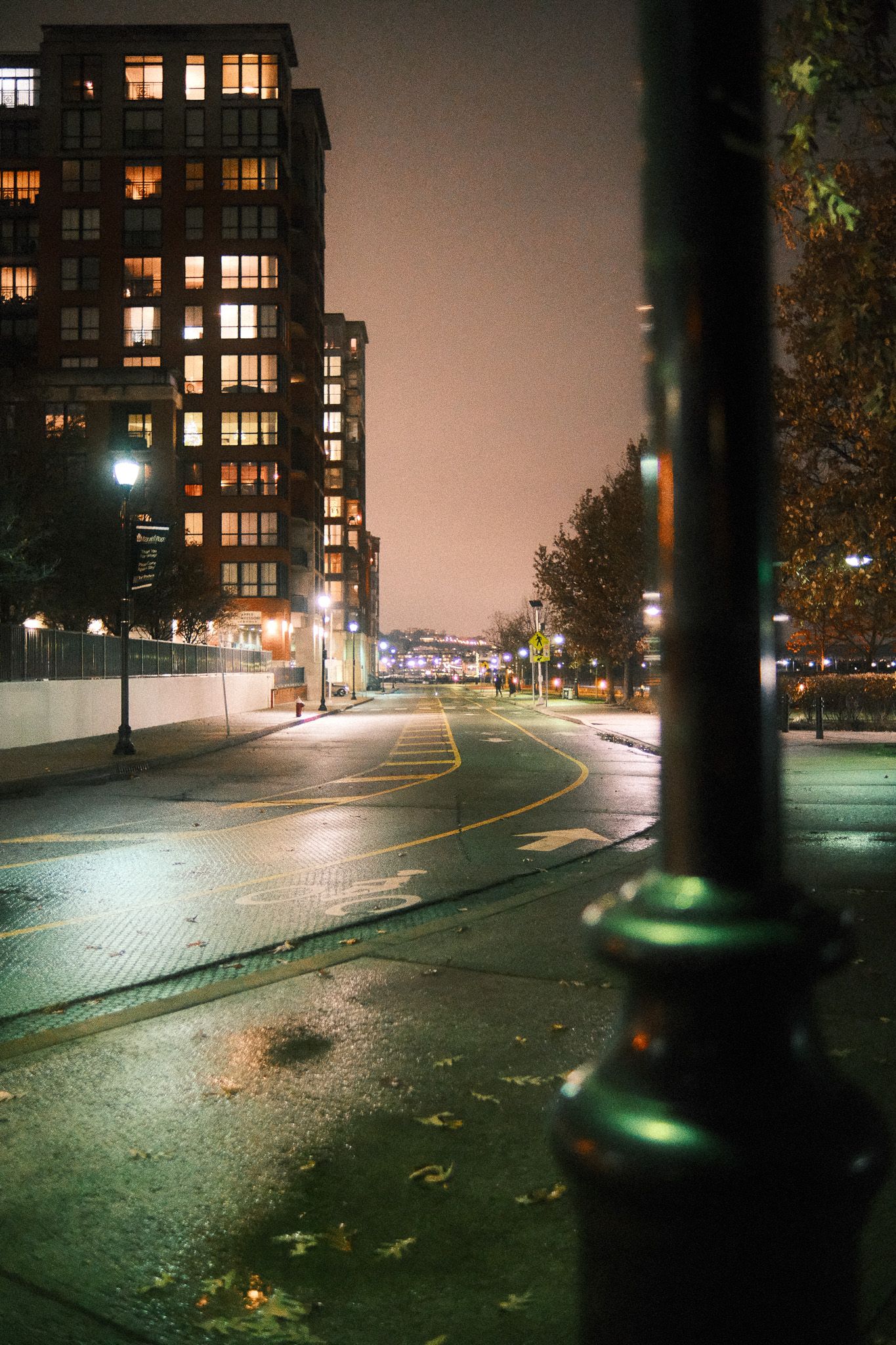 Wet urban Hoboken, NJ Sinatra Drive street at night with glowing streetlights reflecting on pavement near modern apartment building.