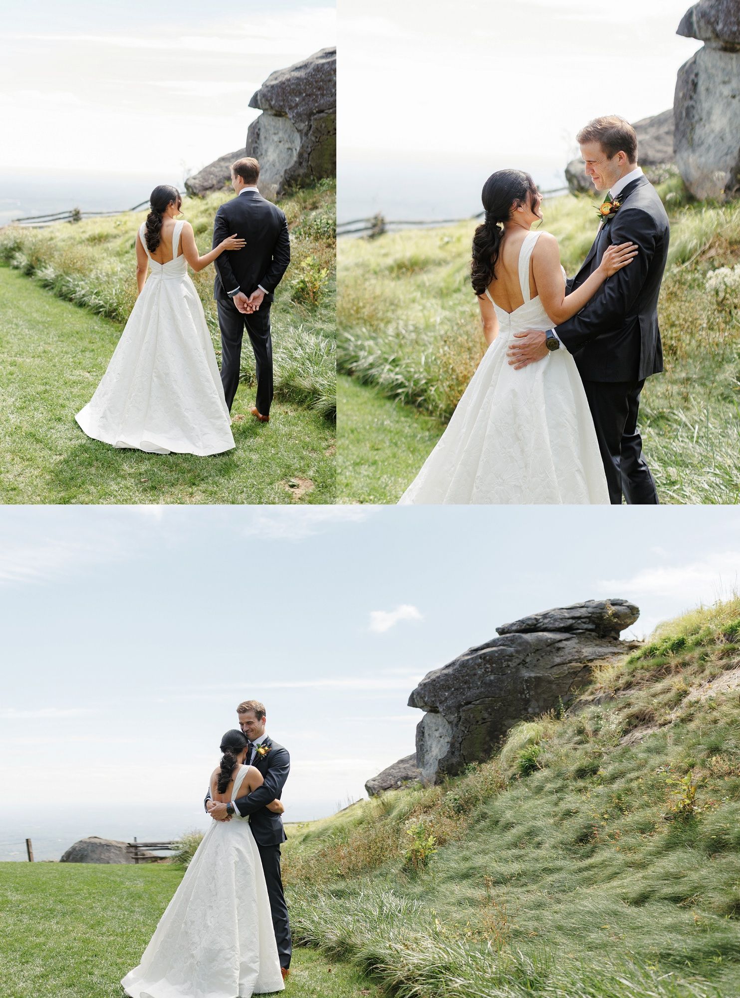 A series of candid wedding photos capturing romantic moments between a couple on a windswept coastal cliff.