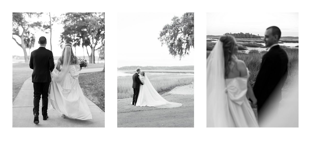 Series of intimate black and white wedding portraits captured in an outdoor setting.
