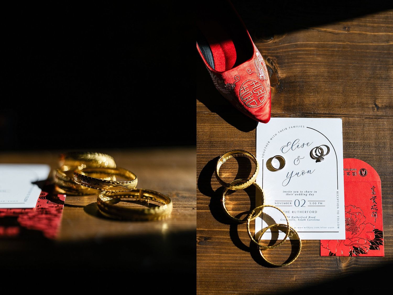 Gold wedding rings and marriage license documents with red accents on rustic wooden surface.