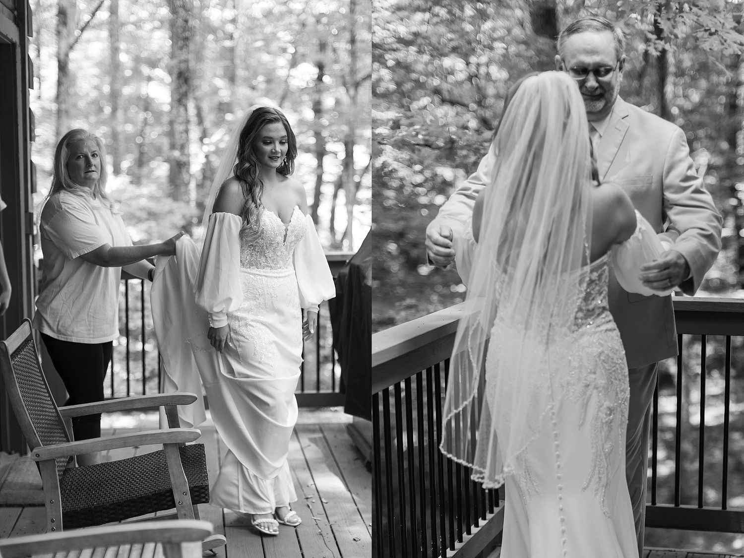Wedding party walking on a wooden deck outdoors surrounded by trees.