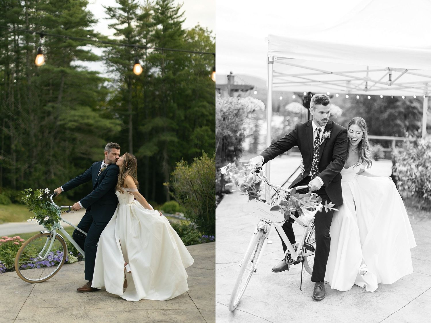 Wedding couple poses with vintage bicycles in garden setting.