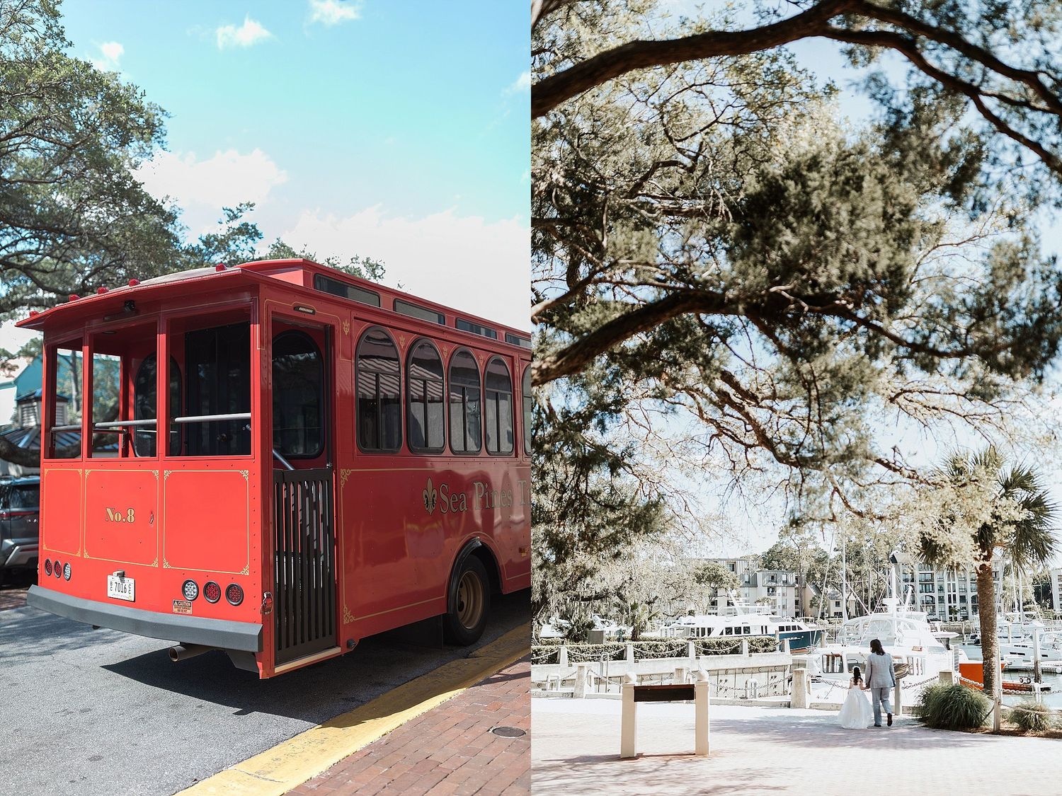 Red vintage trolley and park scenery in split photography composition.