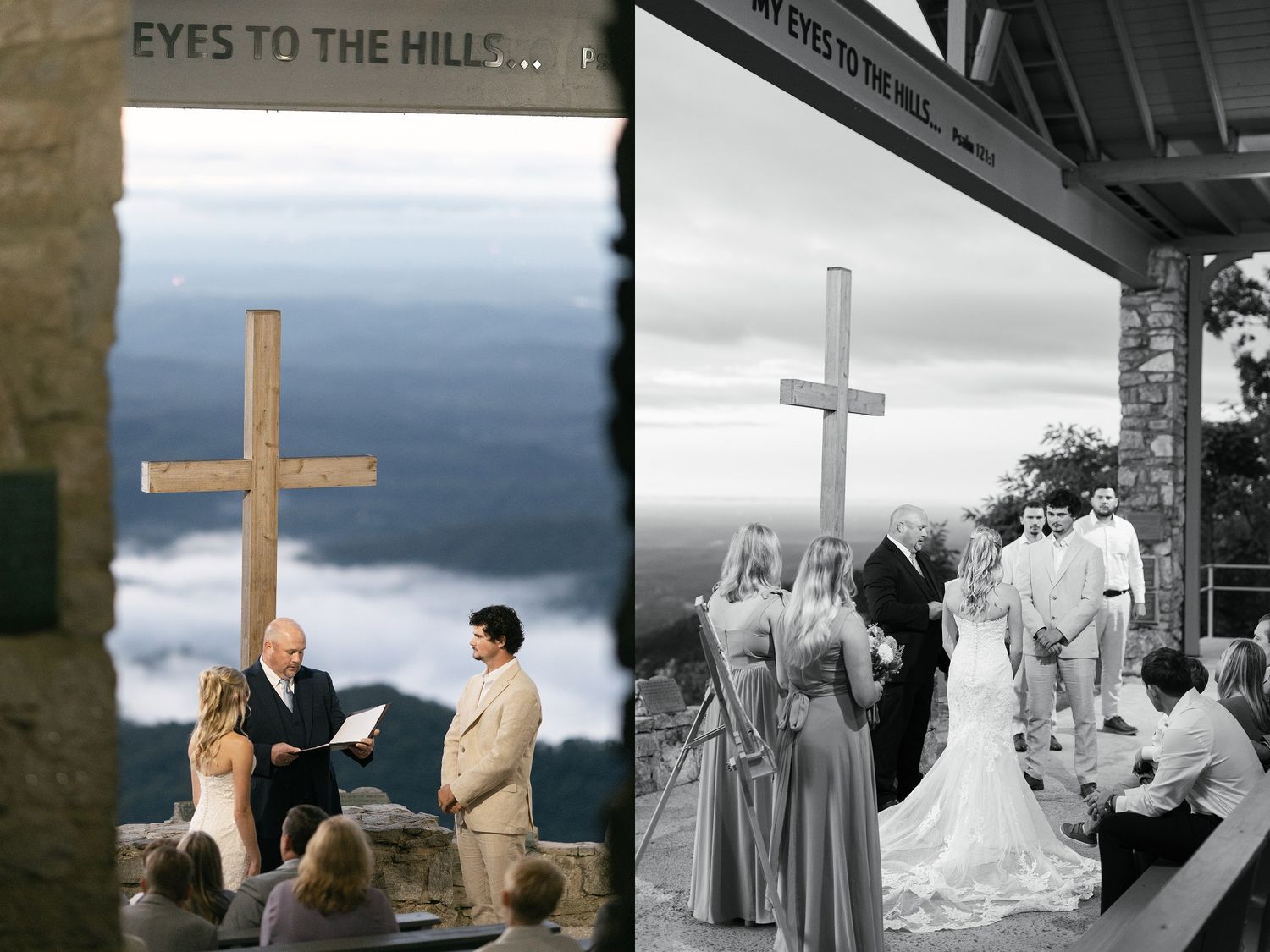 Split image showing outdoor hilltop wedding ceremony beside cross and indoor church wedding under cross near altar area.